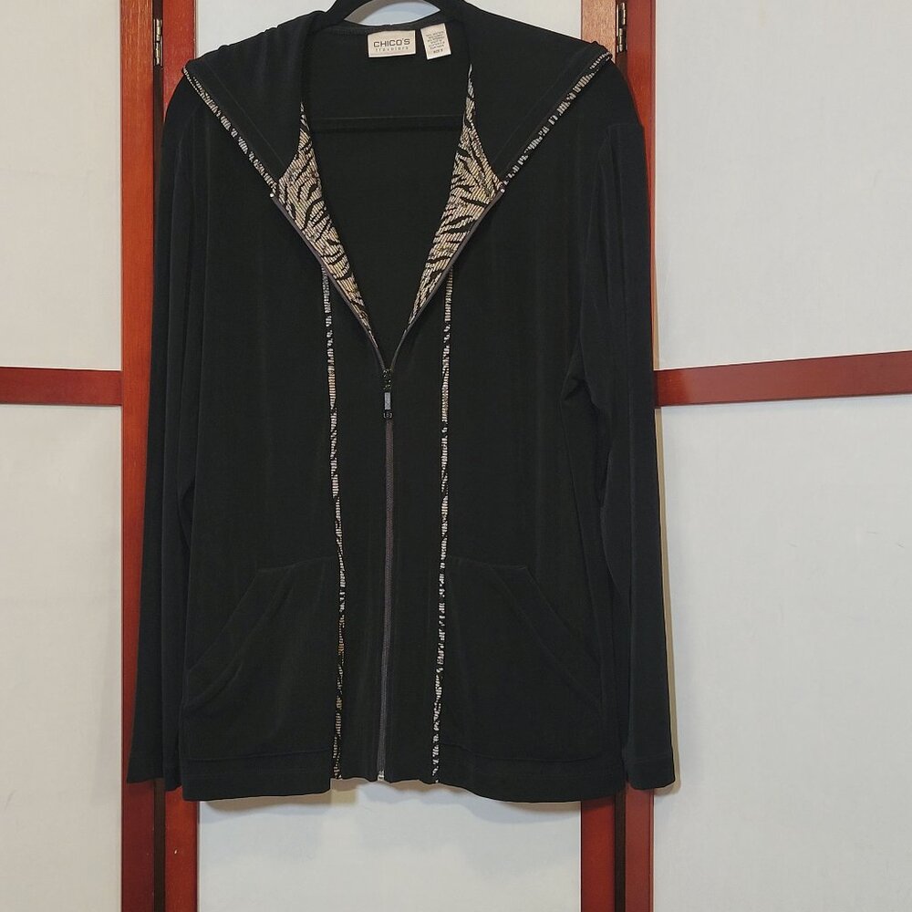 Chico's Travelers Long Sleeve Zipper Jacket - Black & Gold Animal Print - Size 3